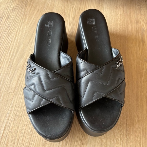 ** Karl Lagerfeld Paris Womens Ramona Black Leather Platform Sandals Shoes 9.5 - Picture 3 of 7